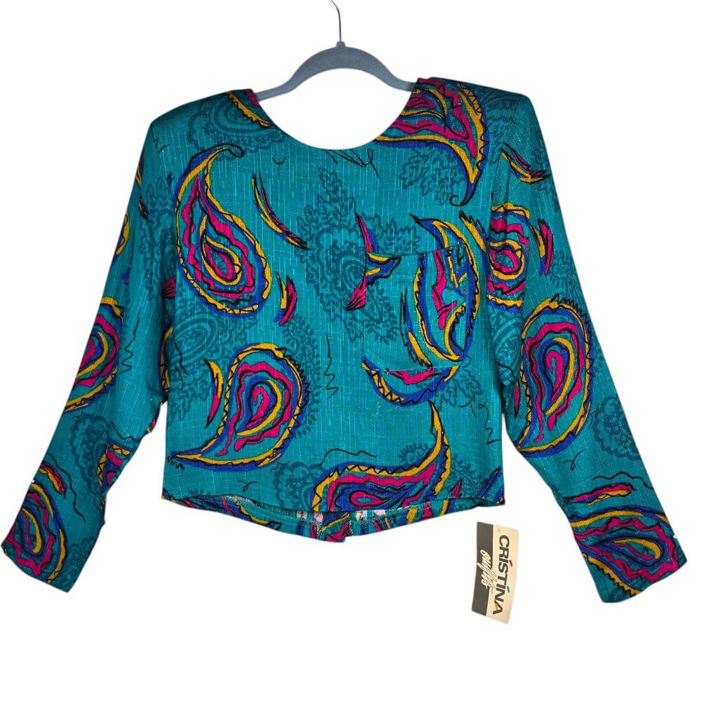 Cristina Vintage 90s Paisley Button Back Rayon Blouse Teal Pink Woman Medium NWT